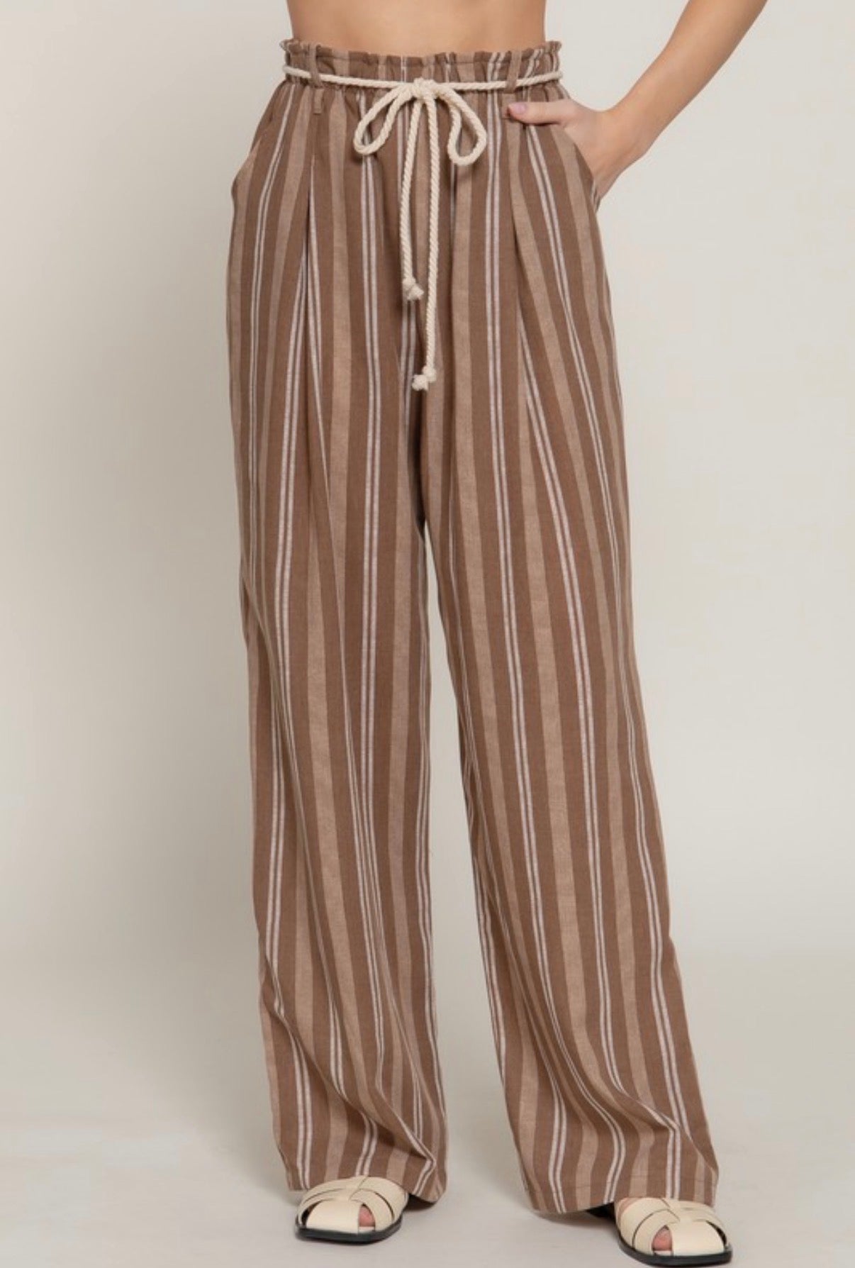 Striped Linen Blend Pants (Mocha)