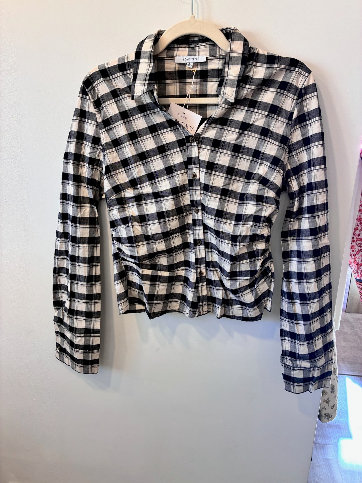 Classic Check Button-Up Blouse (Black/Ivory Plaid)