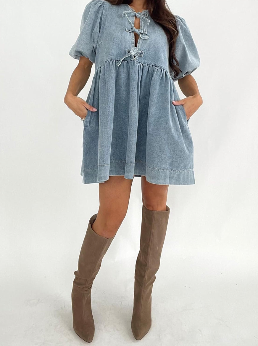 Puff Sleeve Denim Babydoll Dress