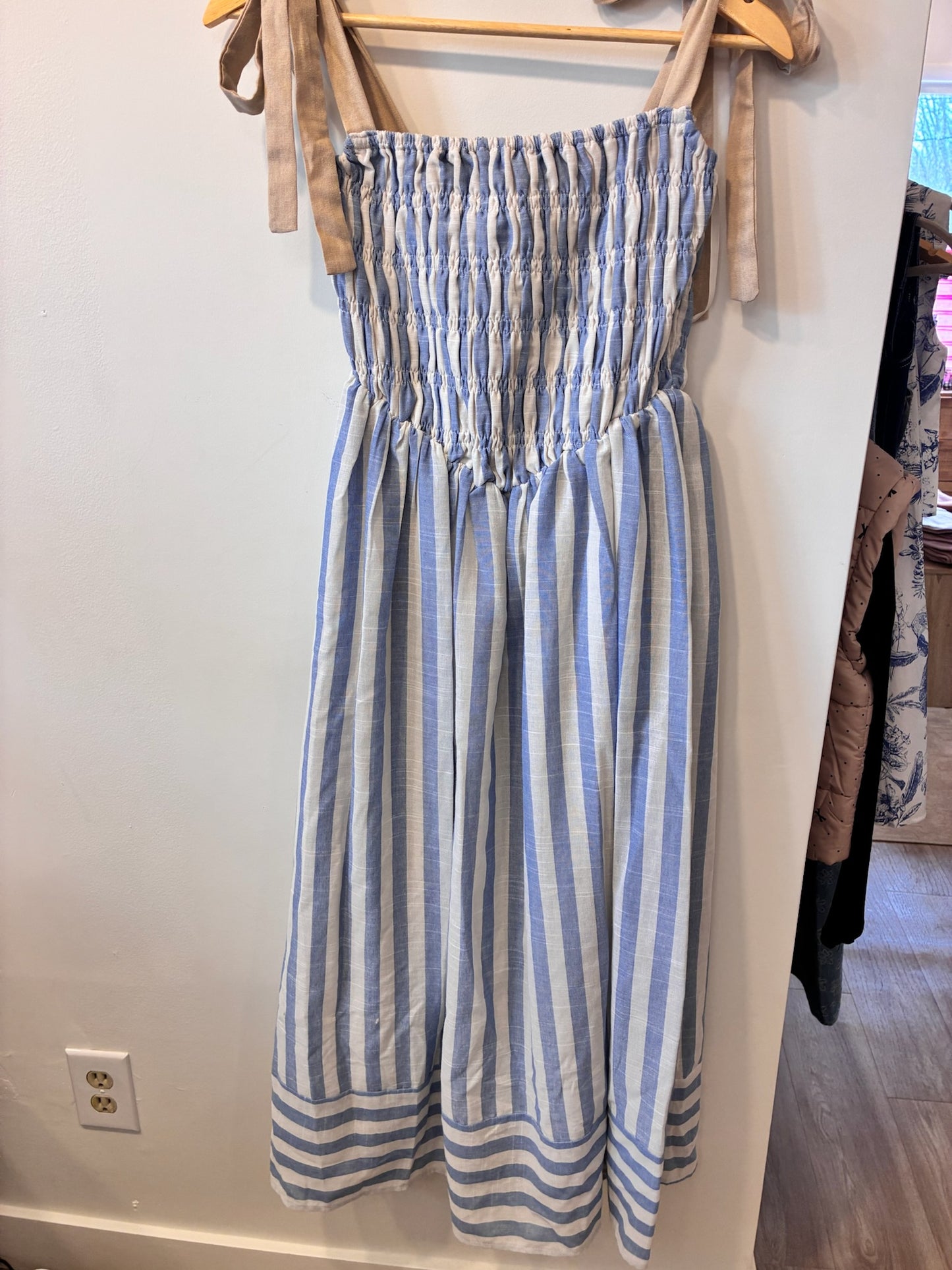 Coastal Stripe Smocked Maxi Dress (Blue/White)