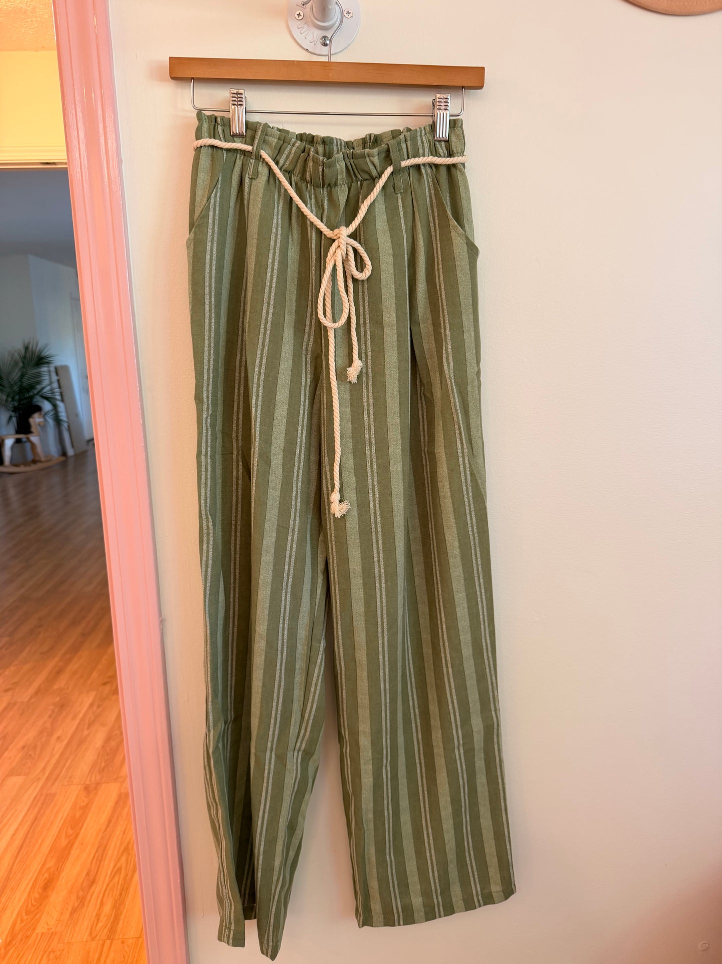 Striped Linen Blend Pants (Sage)