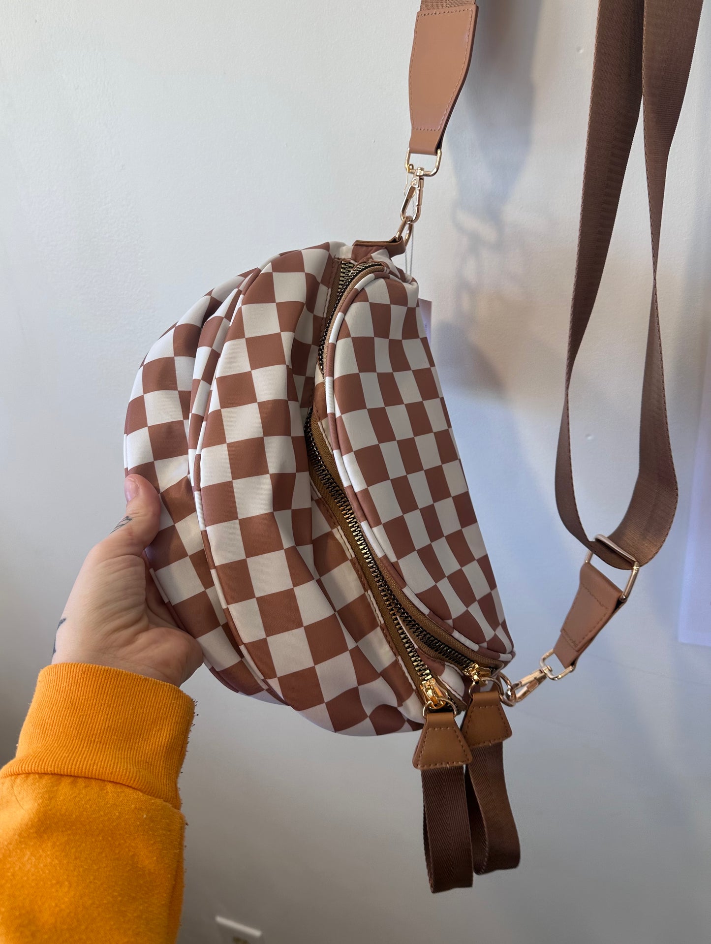Tan Checker Crossbody Bag