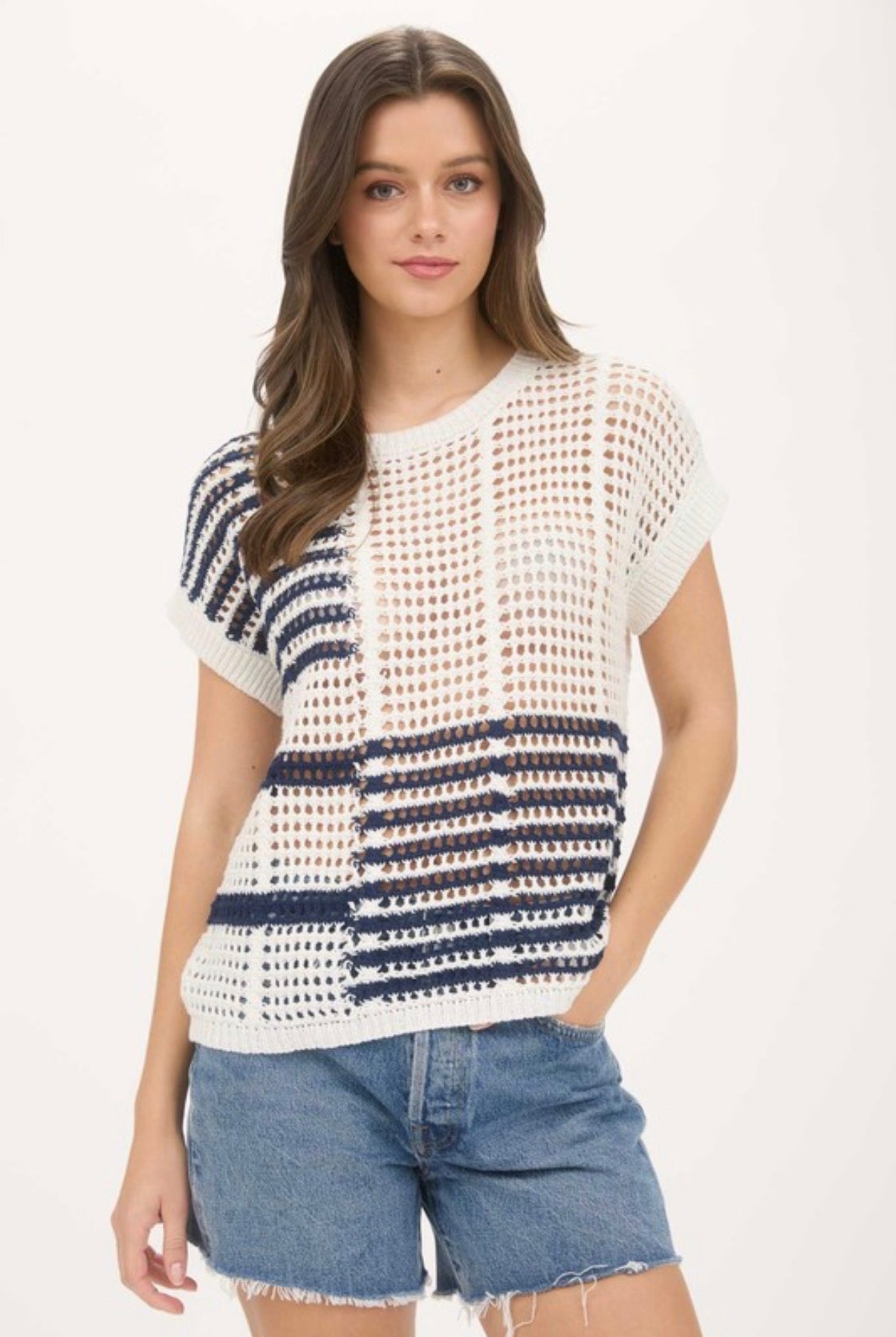 Blue + White Stripe Open Knit Sweater Top