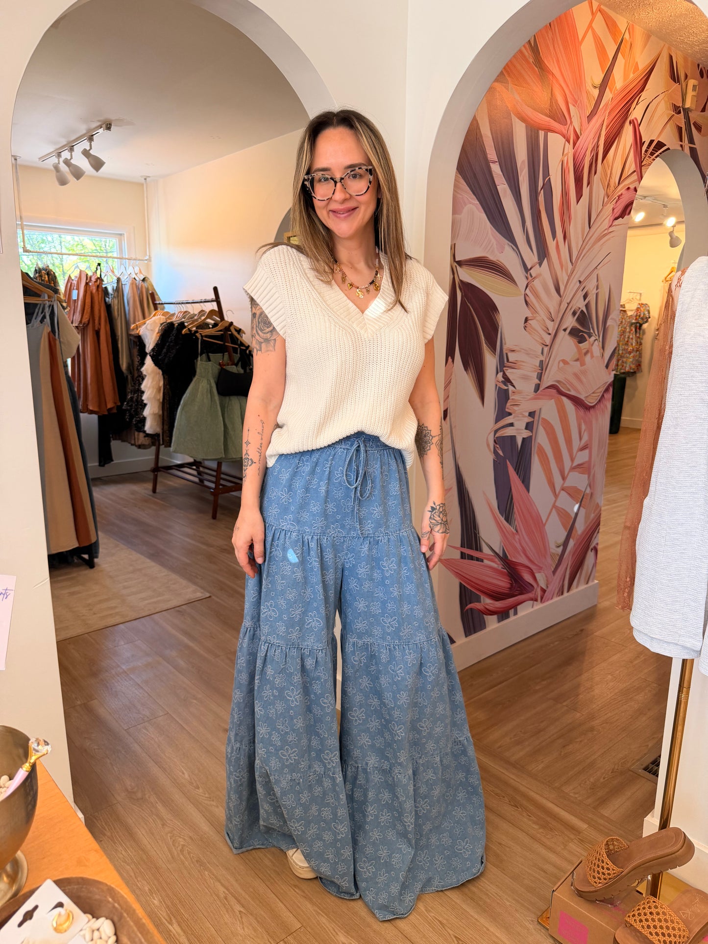 Daisy Denim Tiered Pants (Light Blue Chambray)