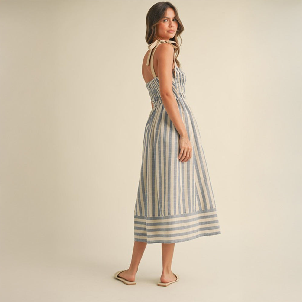 Natural Stripe Smocked Midi Dress