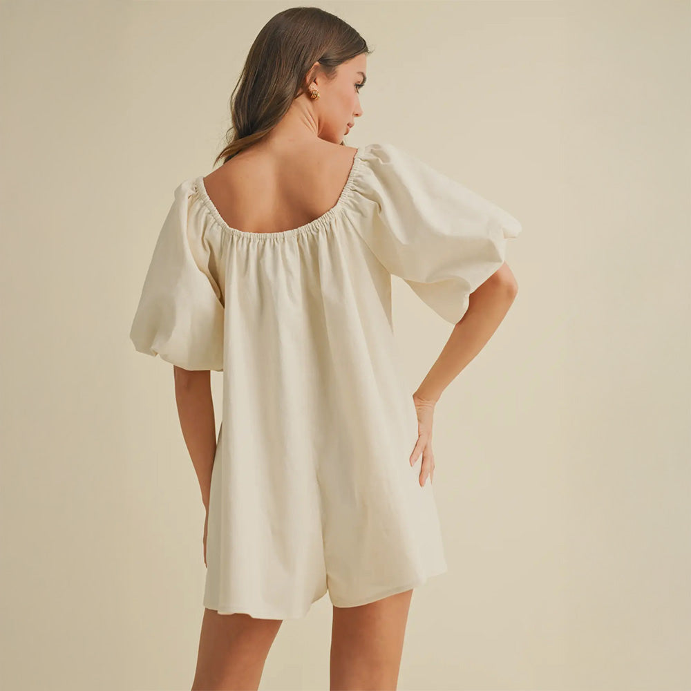 Wide Neck Puff Sleeve Denim Romper