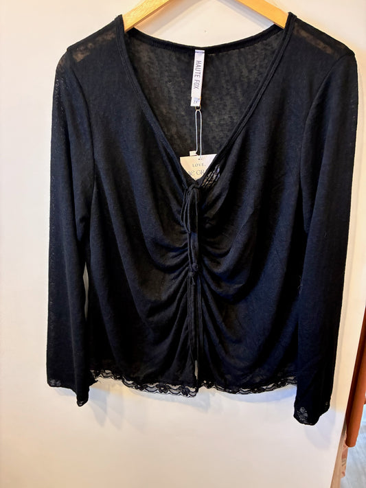 Plus Midnight Ruched Lace Hem Top (Black)
