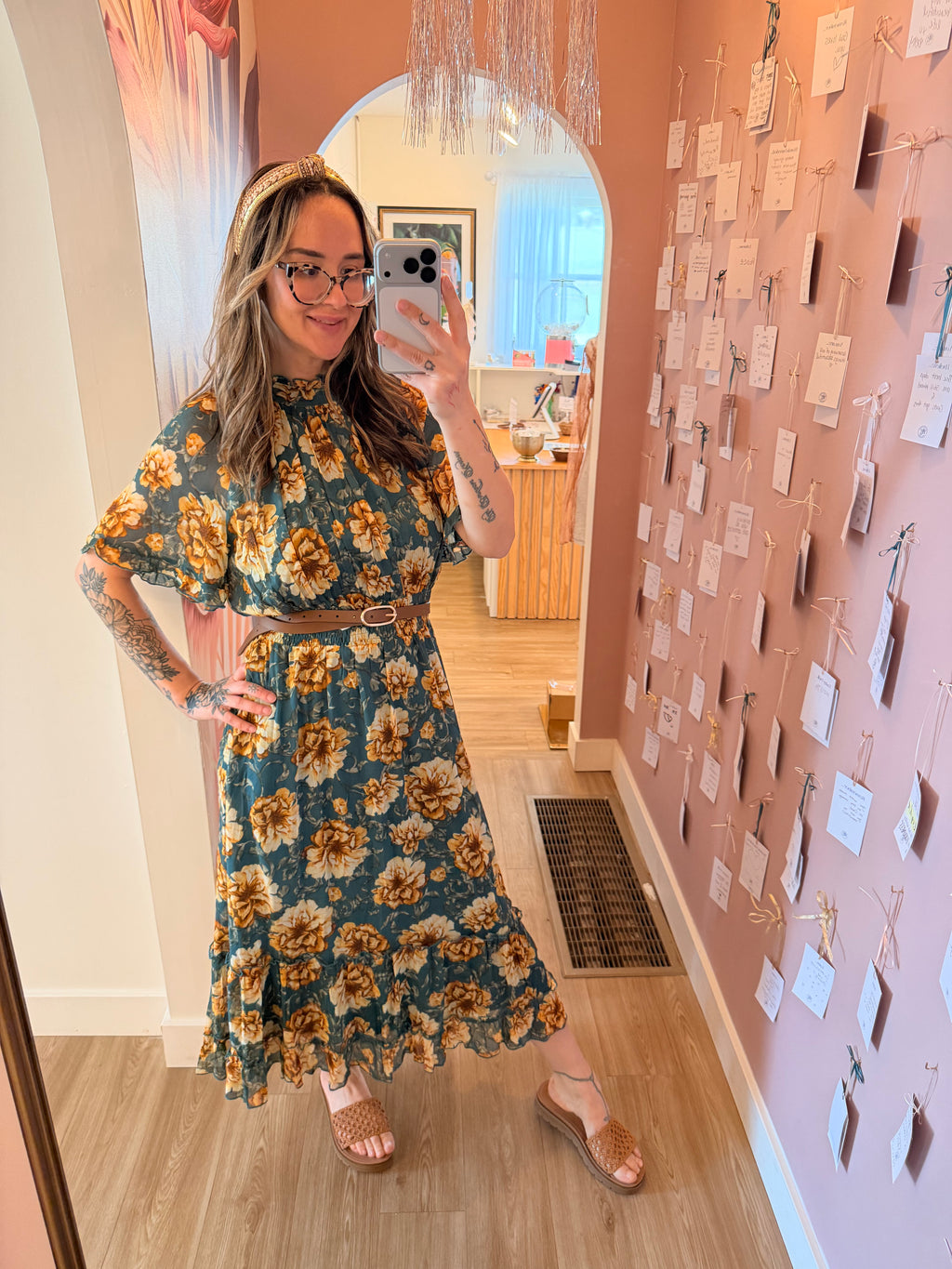 Golden Bloom Floral Tiered Midi Dress
