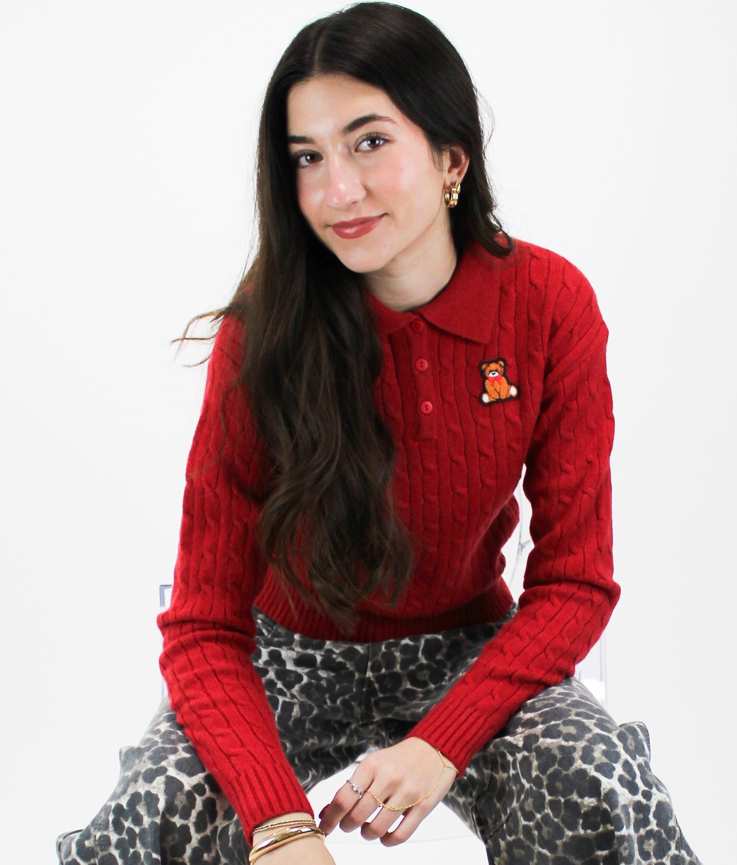 Cozy Cable Knit Polo Sweater (Red)