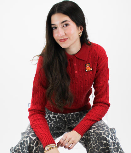 Cozy Cable Knit Polo Sweater (Red)