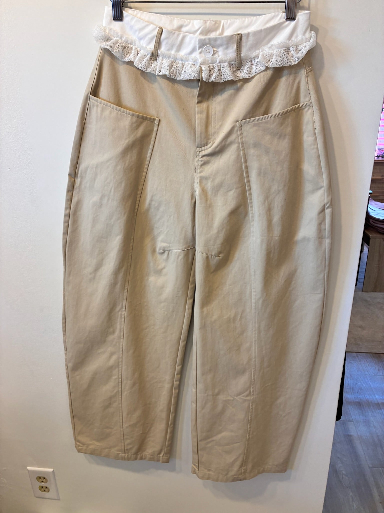 Lace Ruffle Waist Barrel Pants (Cream)