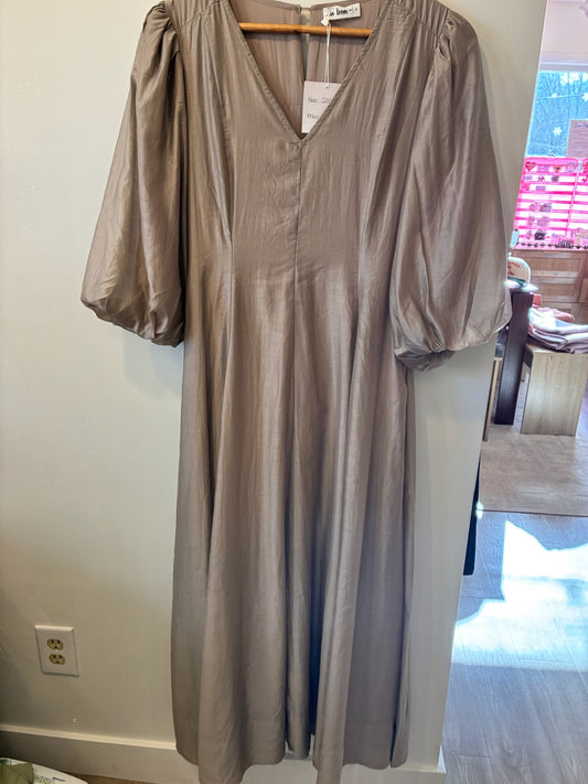 Champagne Satin Puff-Sleeve Midi Dress (Champagne Taupe)