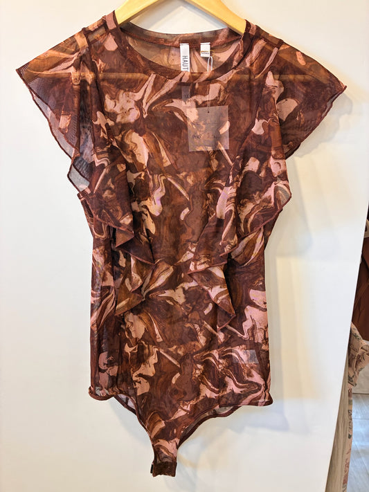 Plus Marble Mesh Flutter Bodysuit (Brown Marble)