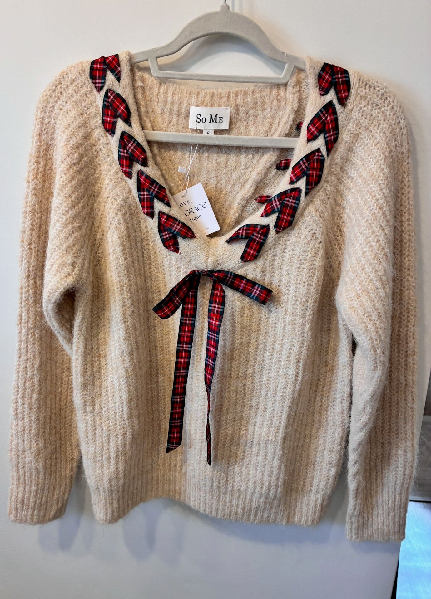 Cozy Ribbon-Trim Sweater (Cream/Red Plaid Ribbon)