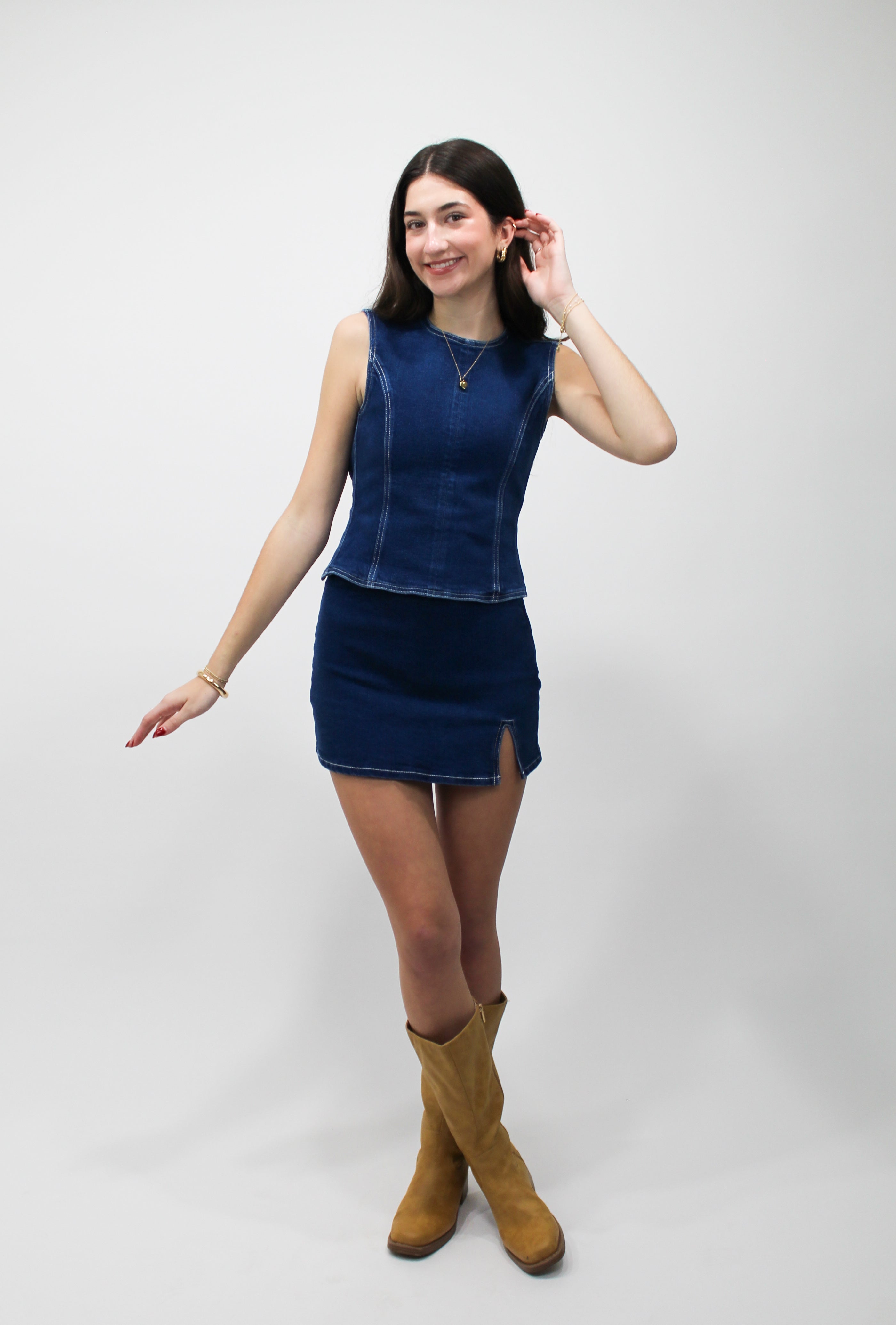 Dark Denim Halter Skort Set (Dark Denim)
