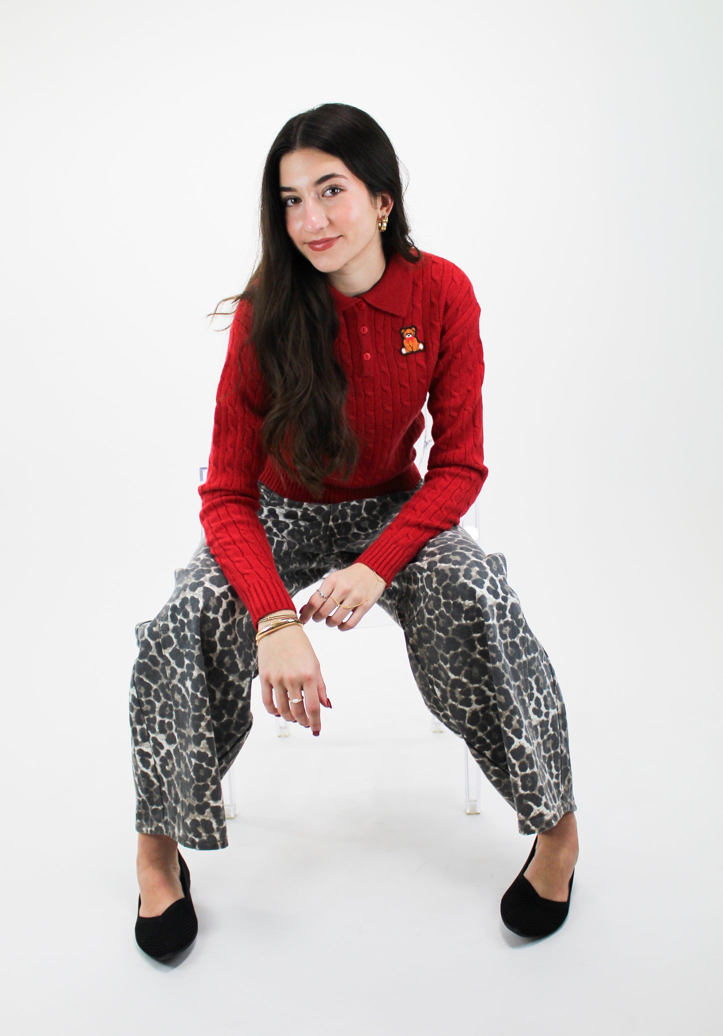 Cozy Cable Knit Polo Sweater (Red)