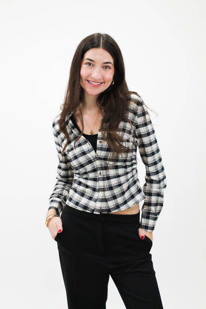 Classic Check Button-Up Blouse (Black/Ivory Plaid)