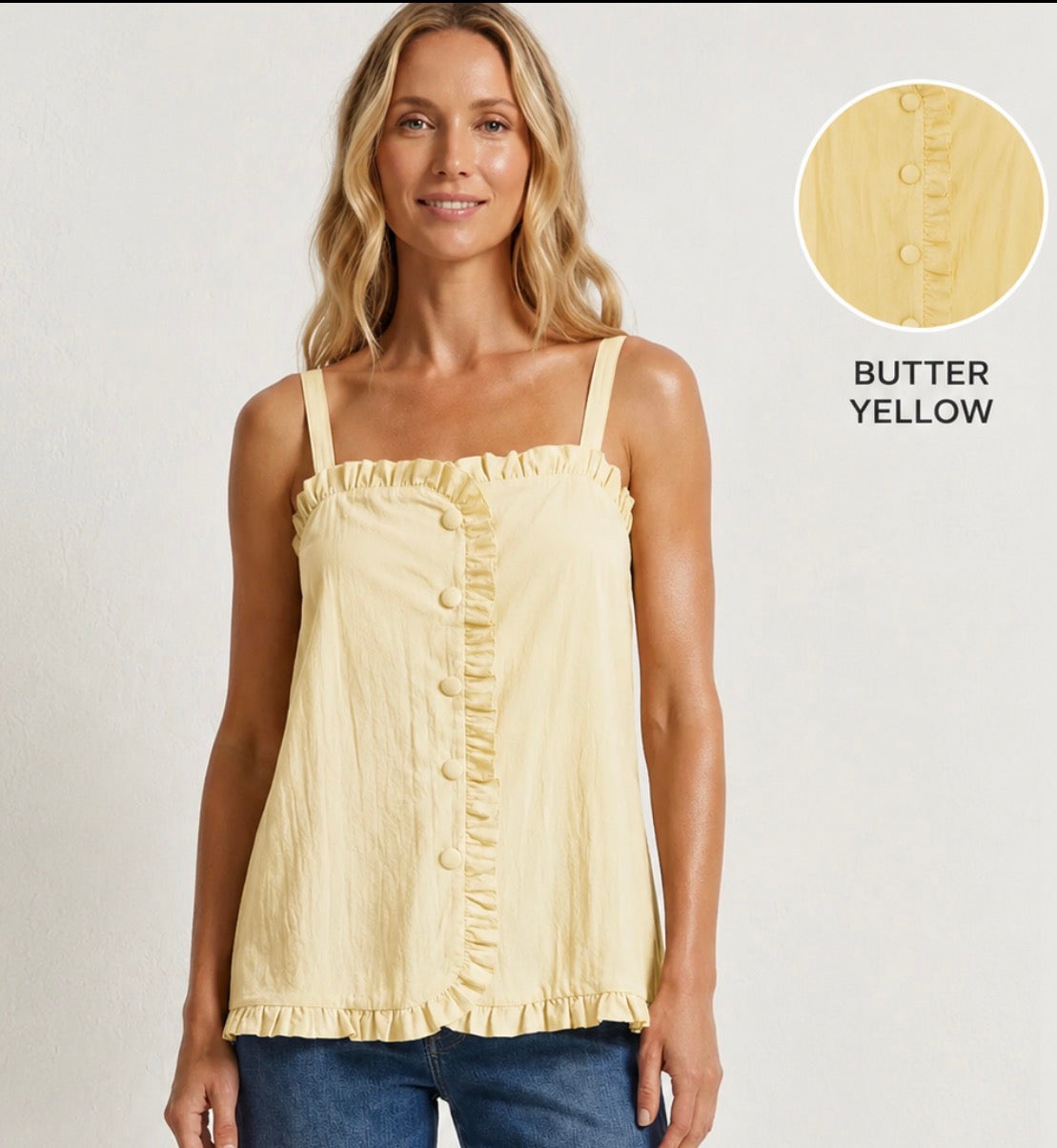 Ruffle Button Front Tank – Butter Yellow