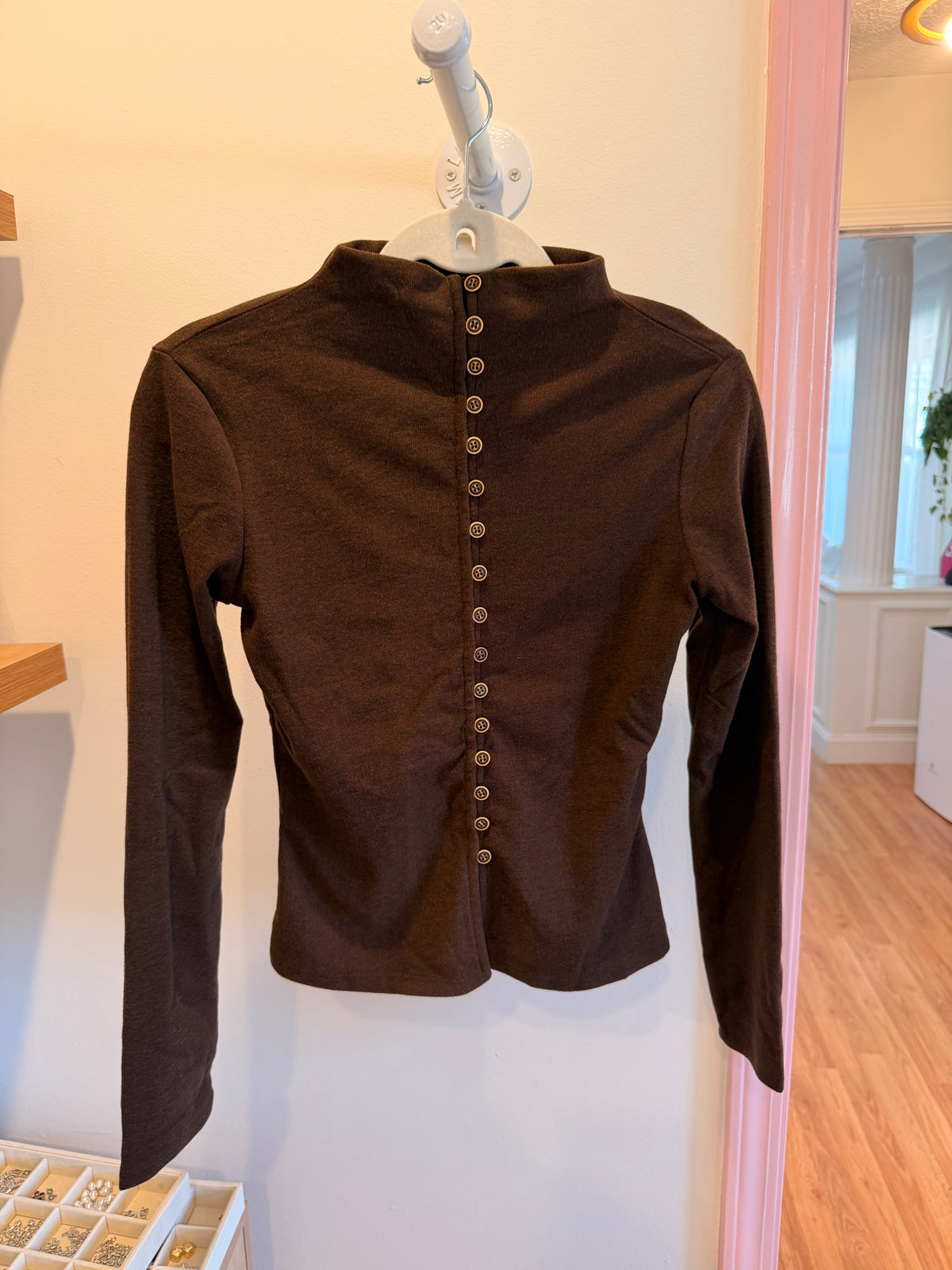 Cocoa Button-Up Mock Neck