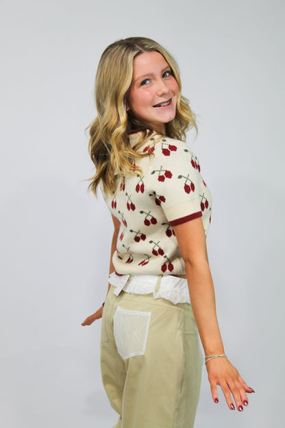 Cherry Knit Sweater Tee (Cream/Red)