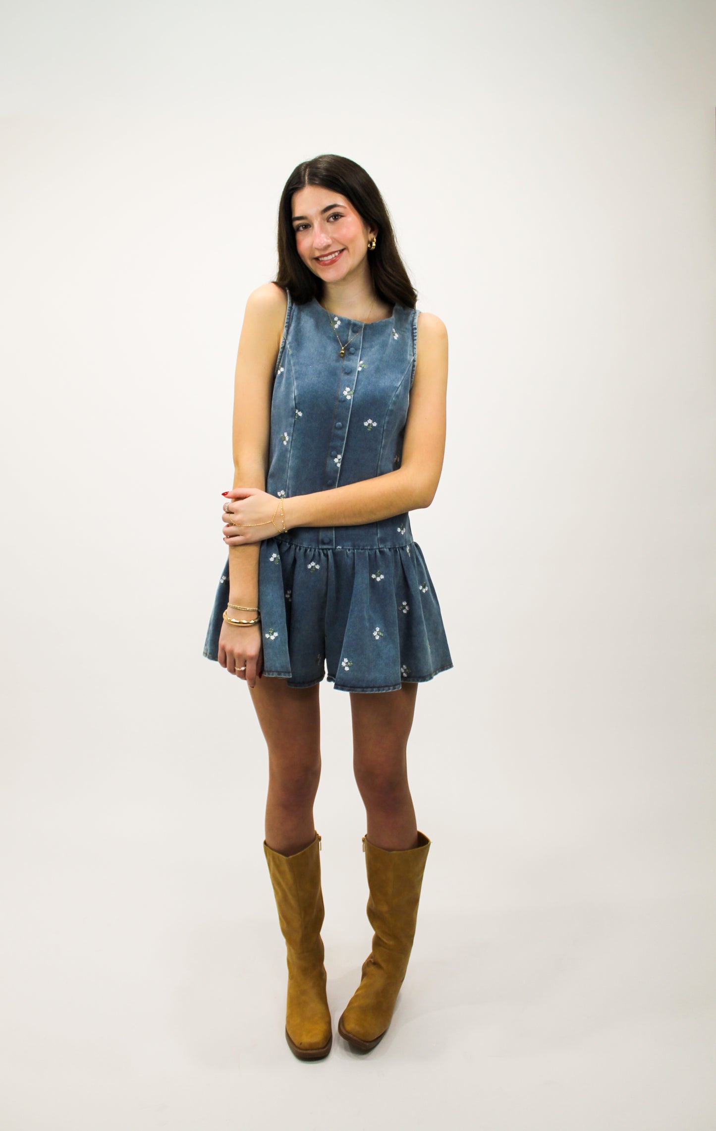 Blossom Denim Babydoll Romper (Medium Wash)