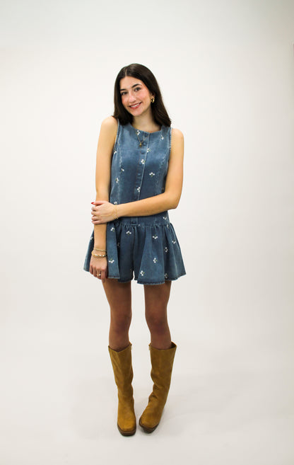 Blossom Denim Babydoll Romper (Medium Wash)