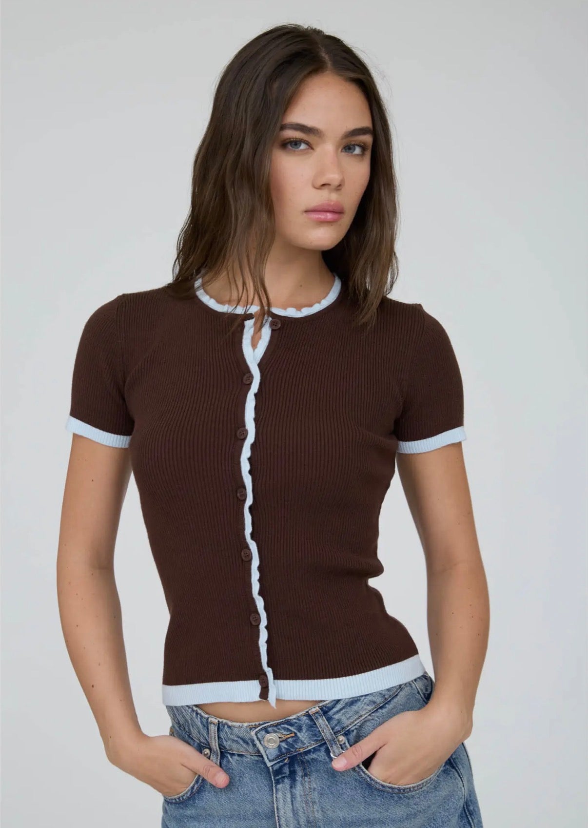 Brown and Baby Blue Trim Cardigan Top