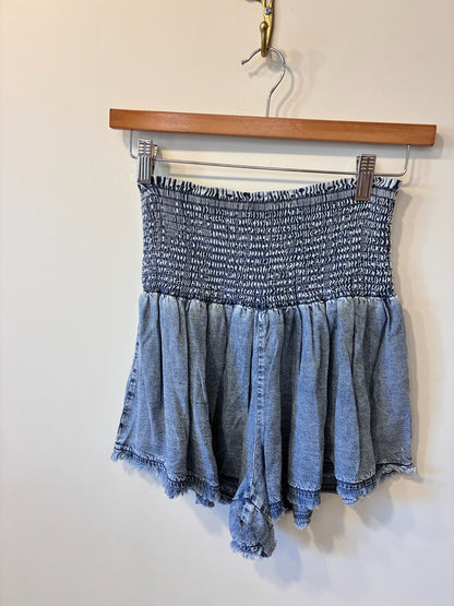 Chambray Smocked Ruffle Shorts