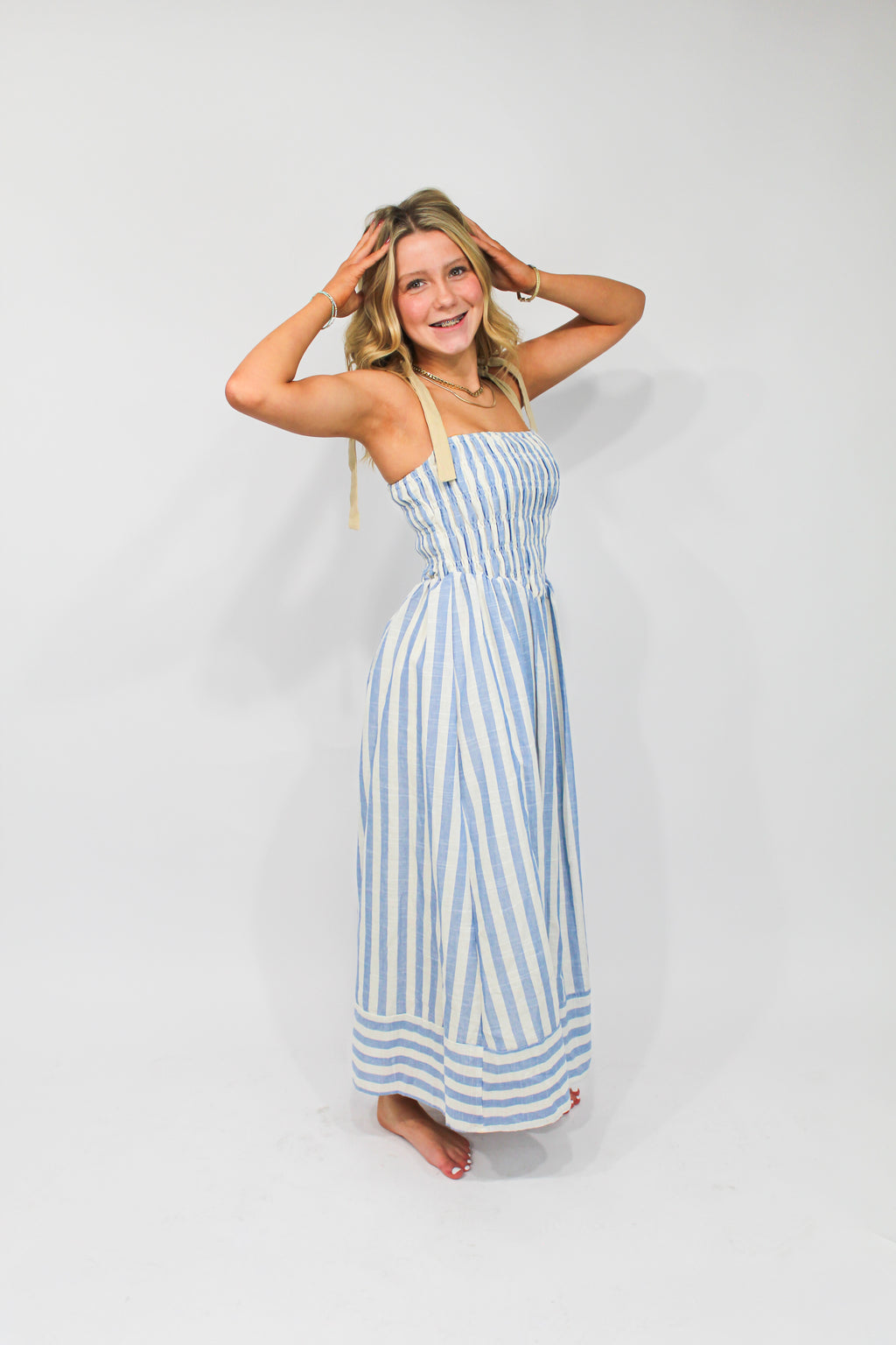 Coastal Stripe Smocked Maxi Dress (Blue/White)