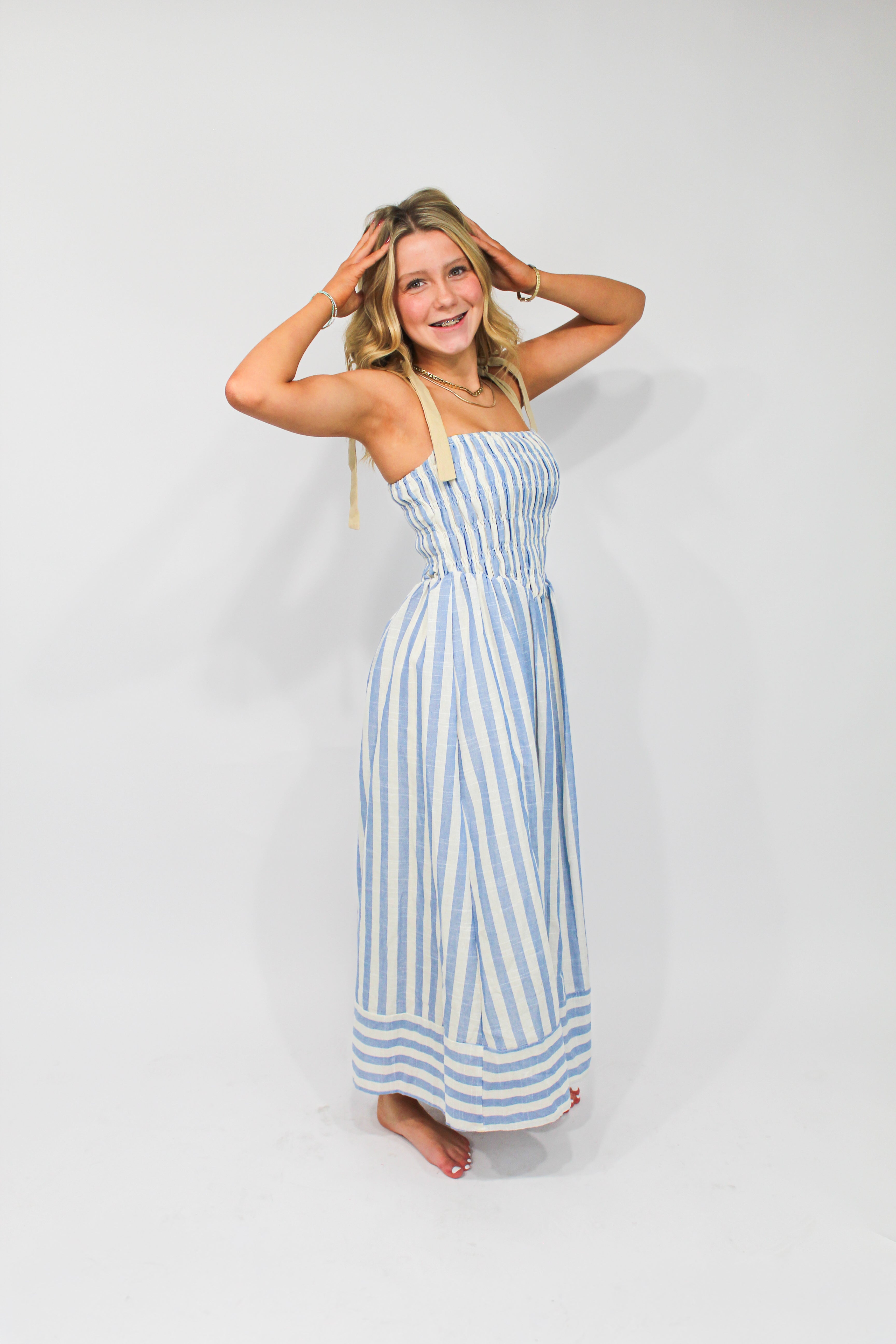 Coastal Stripe Smocked Maxi Dress (Blue/White)