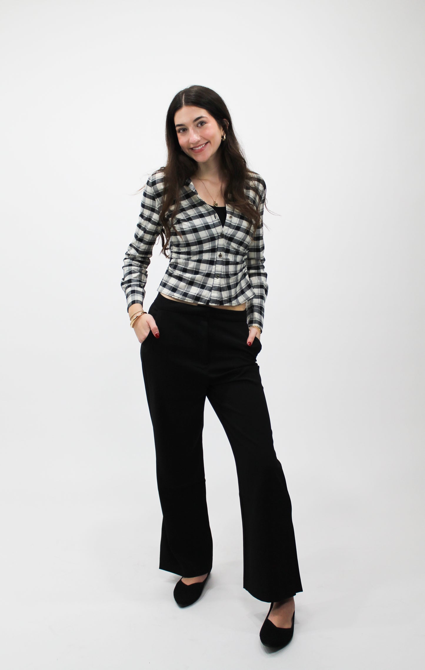 Classic Check Button-Up Blouse (Black/Ivory Plaid)
