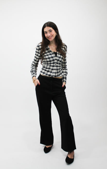 Classic Check Button-Up Blouse (Black/Ivory Plaid)
