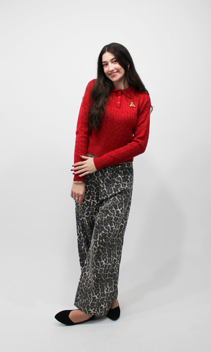 Cozy Cable Knit Polo Sweater (Red)