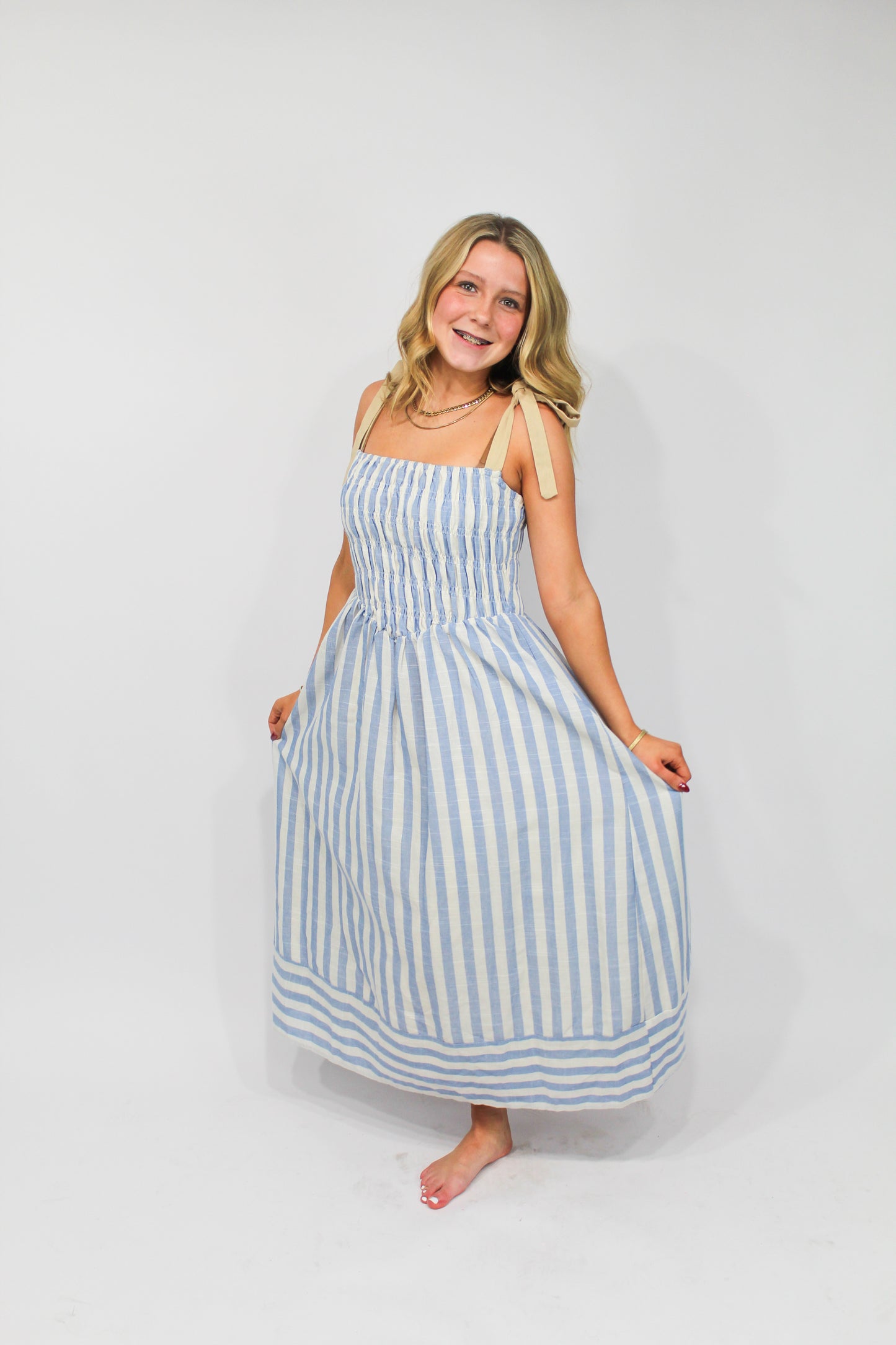 Coastal Stripe Smocked Maxi Dress (Blue/White)
