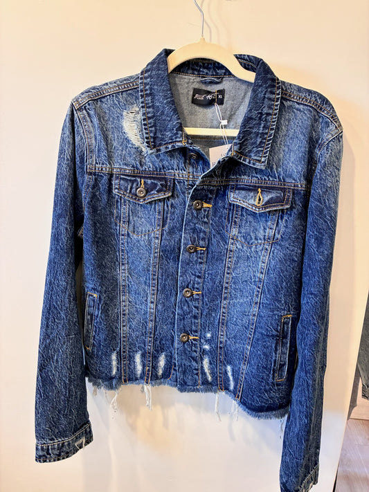 Cropped Raw-Hem Denim Jacket — Dark Wash