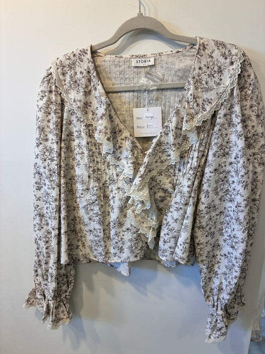 Vintage Bloom Ruffle Blouse (Ivory/Brown Floral)