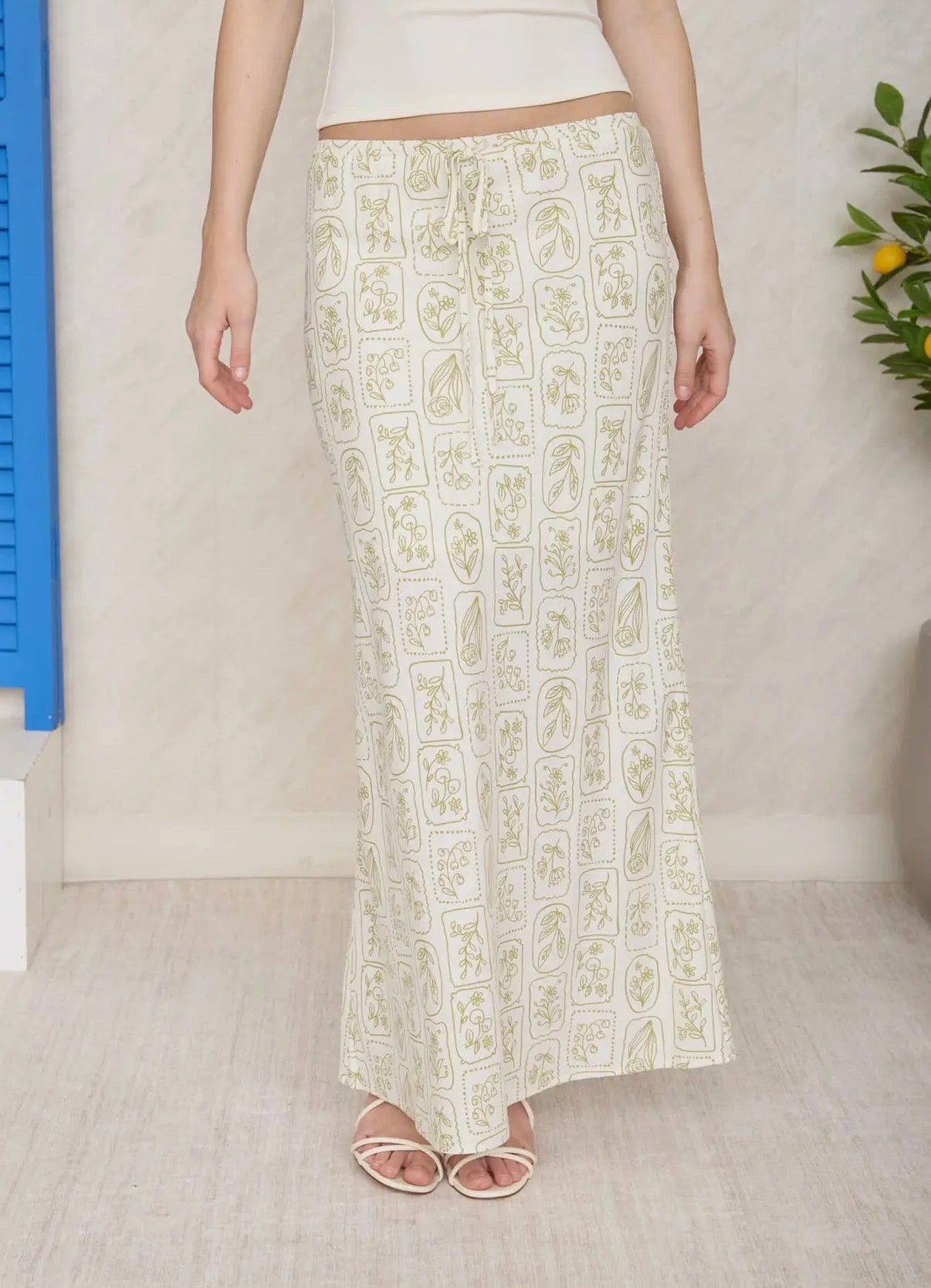 Printed Satin Midi Skirt (Kiwi)
