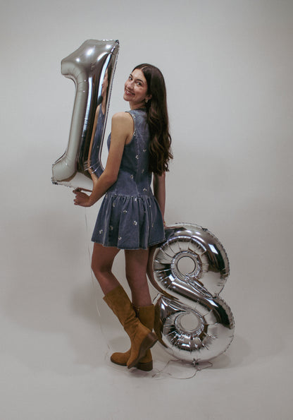 Blossom Denim Babydoll Romper (Medium Wash)