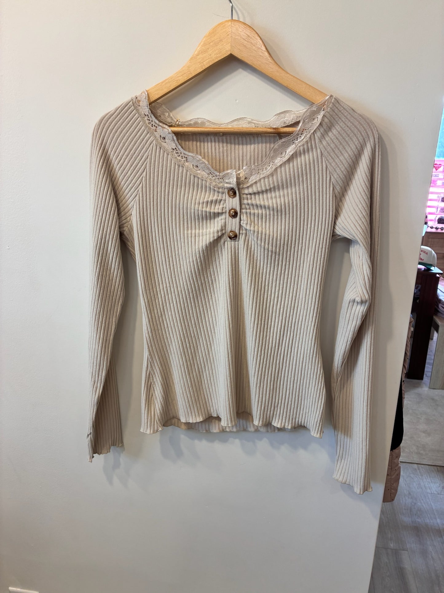 Lace Trim Henley Ribbed Top (Oatmeal)