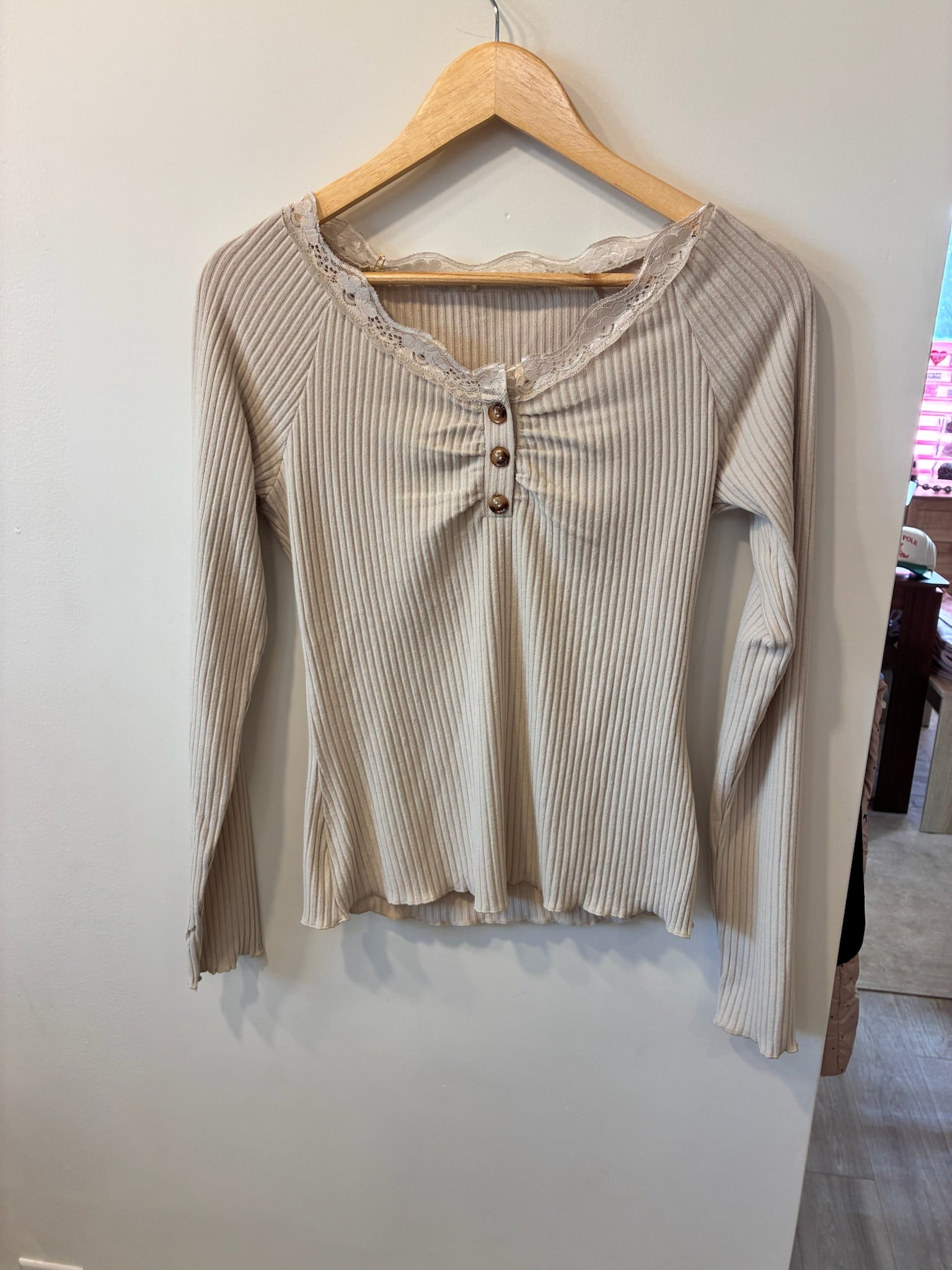 Lace Trim Henley Ribbed Top (Oatmeal)