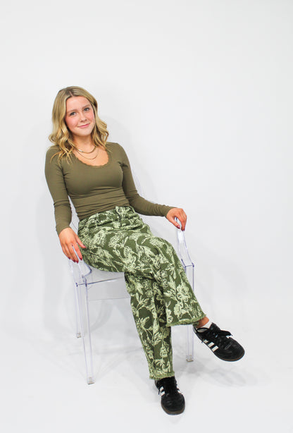 Olive Floral Wide-Leg Denim (Olive Floral)