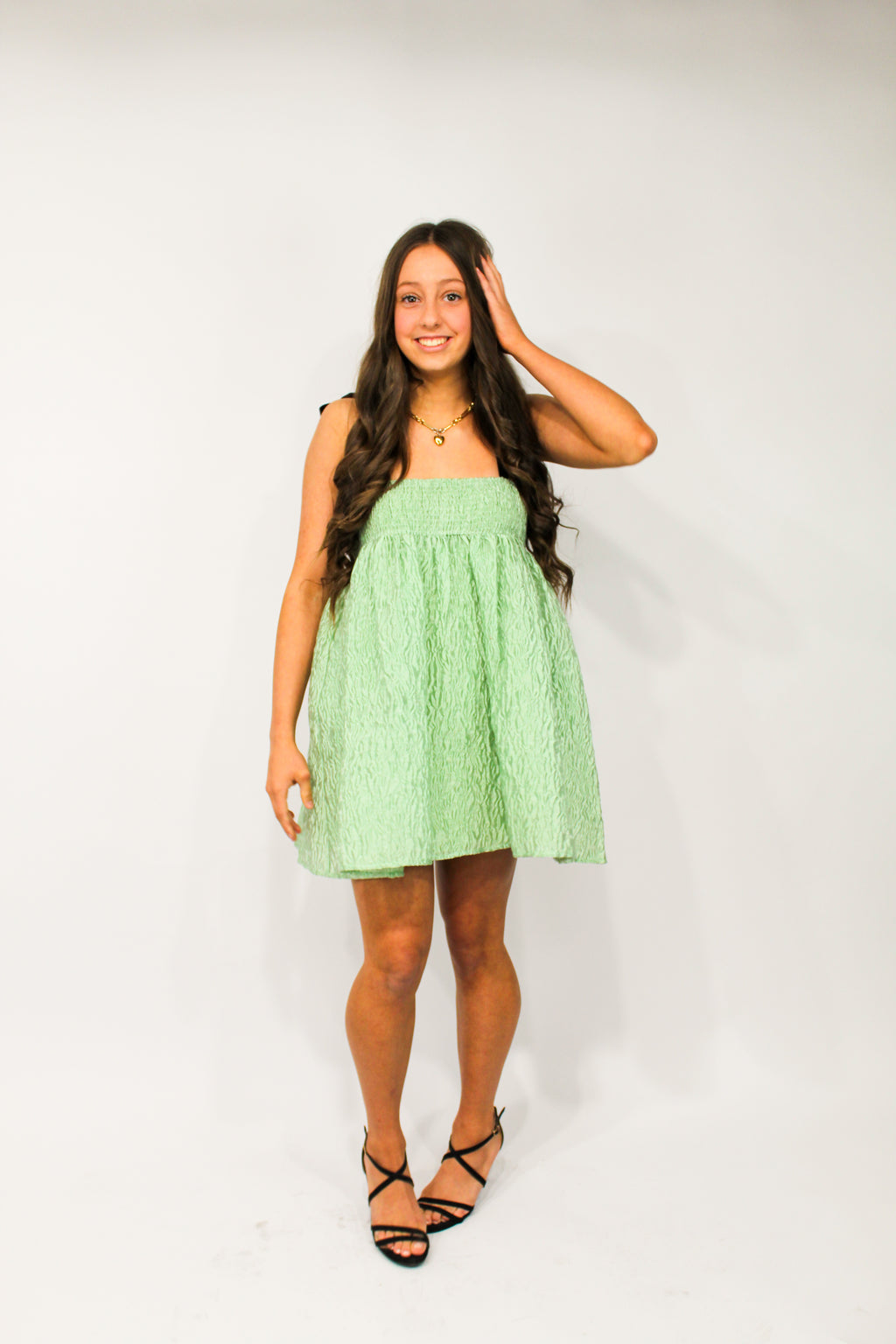 Mint Crinkle Babydoll Dress (Mint with Velvet Straps)