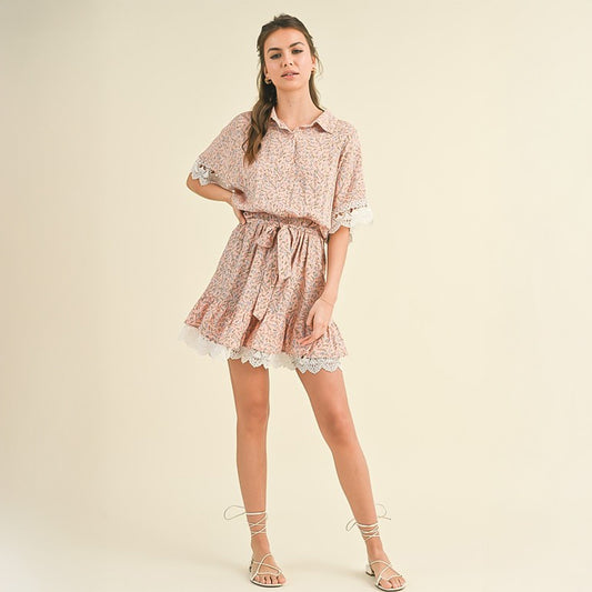 Floral Belted Dress with Lace Trim