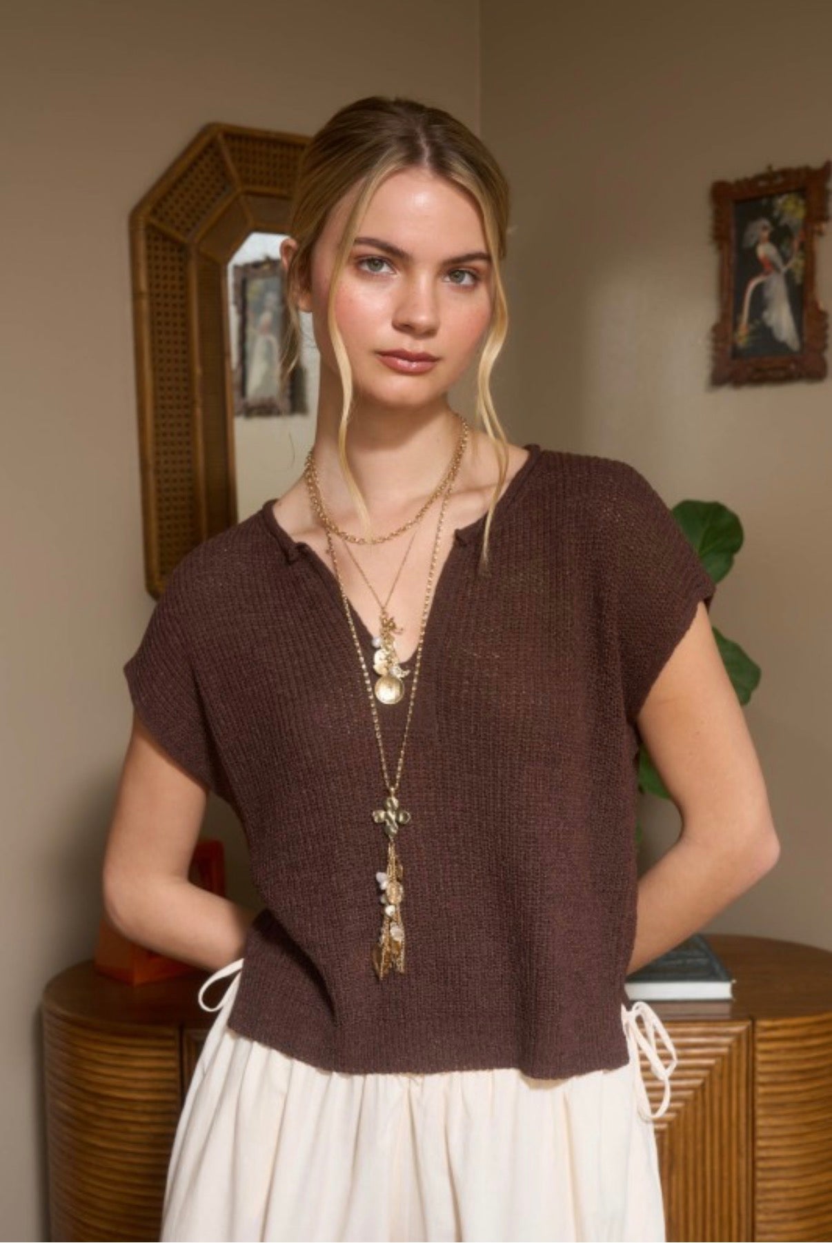 Brown Short Sleeve Knit Top