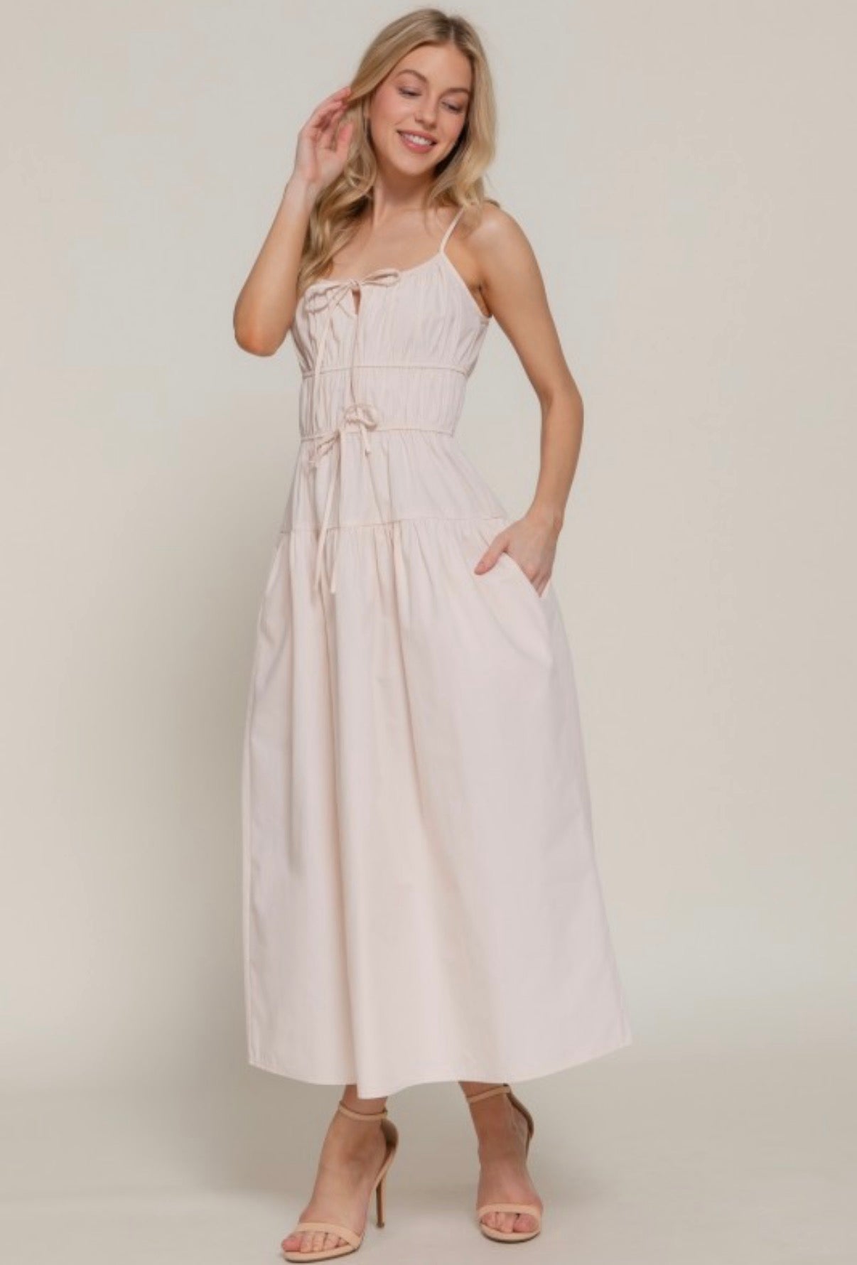 Soft Gathered Midi Dress (Cream)