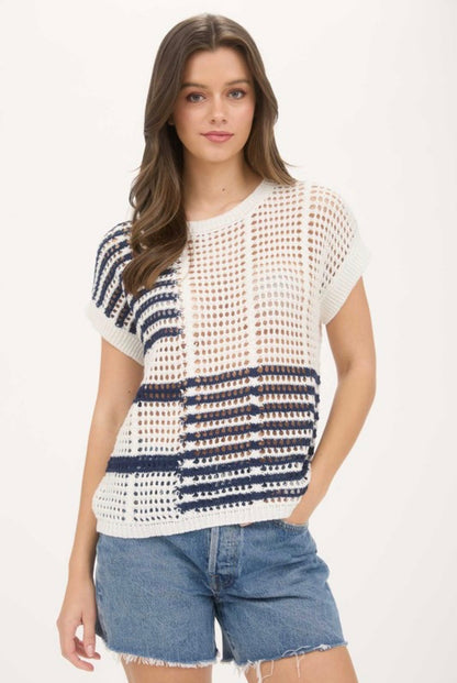 Blue + White Stripe Open Knit Sweater Top