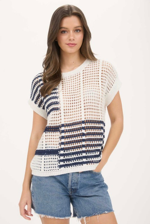 Blue + White Stripe Open Knit Sweater Top