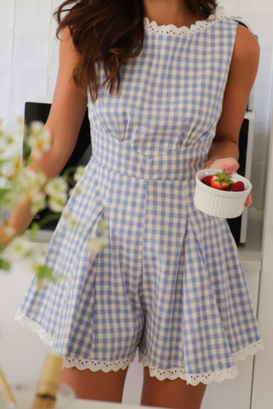 Sweetheart Picnic Romper – Blue