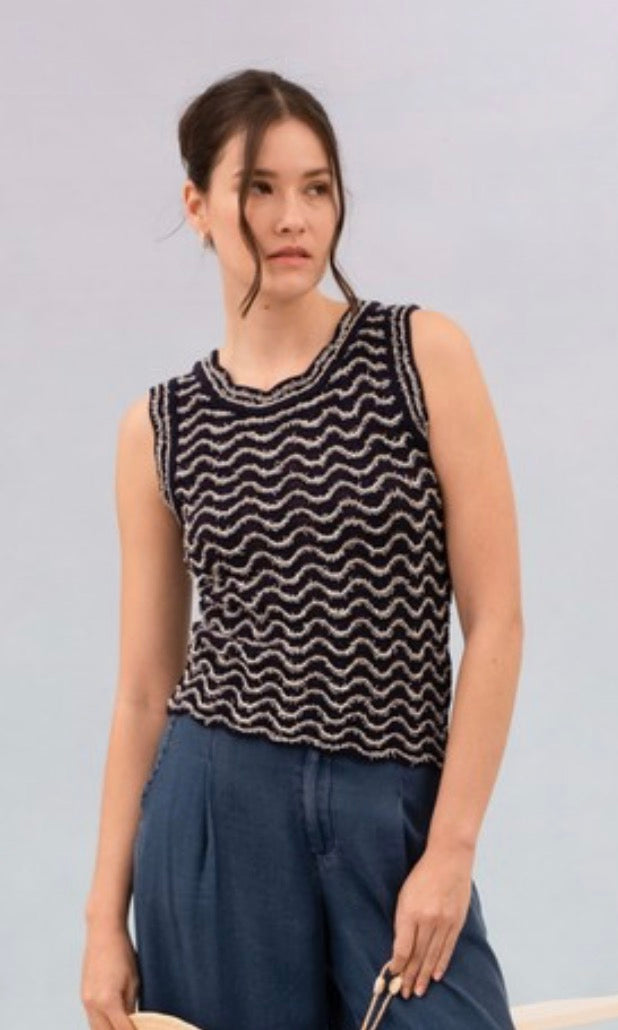 Navy + White Wave Knit Tank