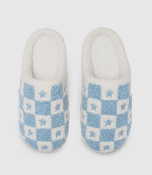 Cozy Starry Check Slippers – Blue & White